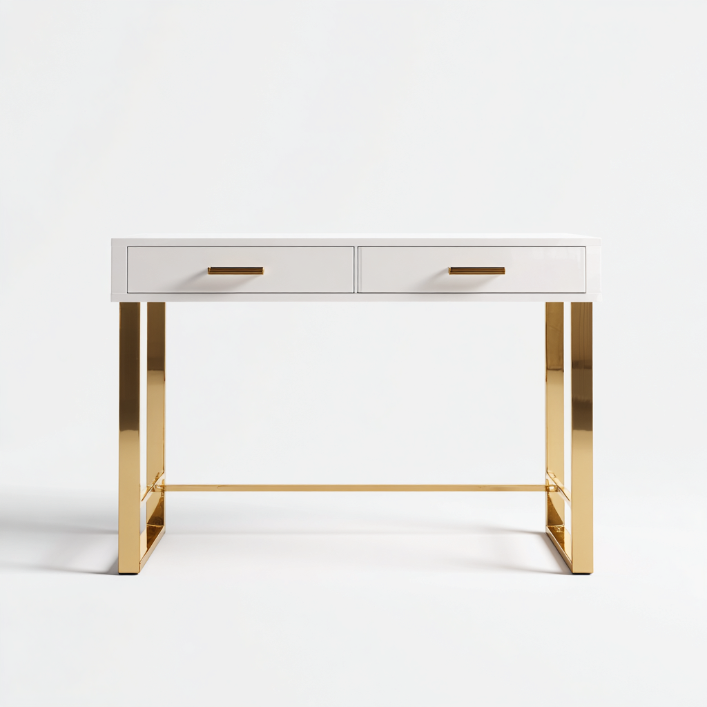 Scrivania 115x50x76 cm - bianco-oro - design moderno con cassetti-Domainene