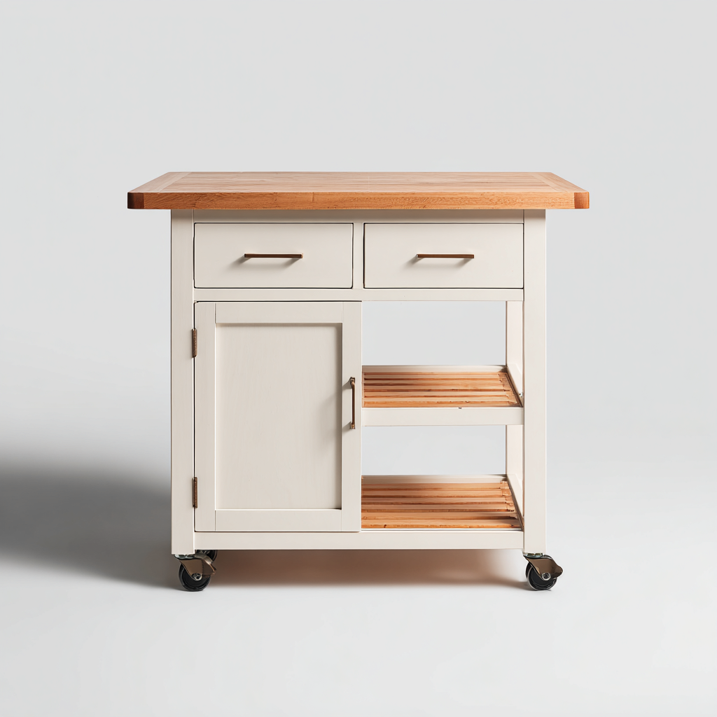 Isola da cucina in legno 90x55x90 cm - bianco-marrone - con cassetti, anta e ripiani - con ruote-Domainene