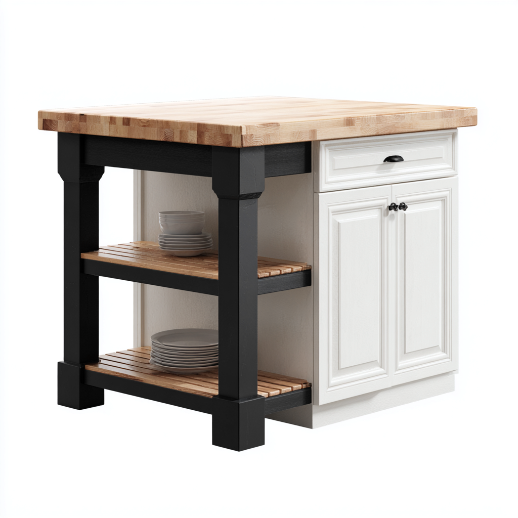 Isola da cucina in legno 110x65x90 cm - bianco-nero-legno naturale - con cassetto, anta e ripiani aperti-Domainene