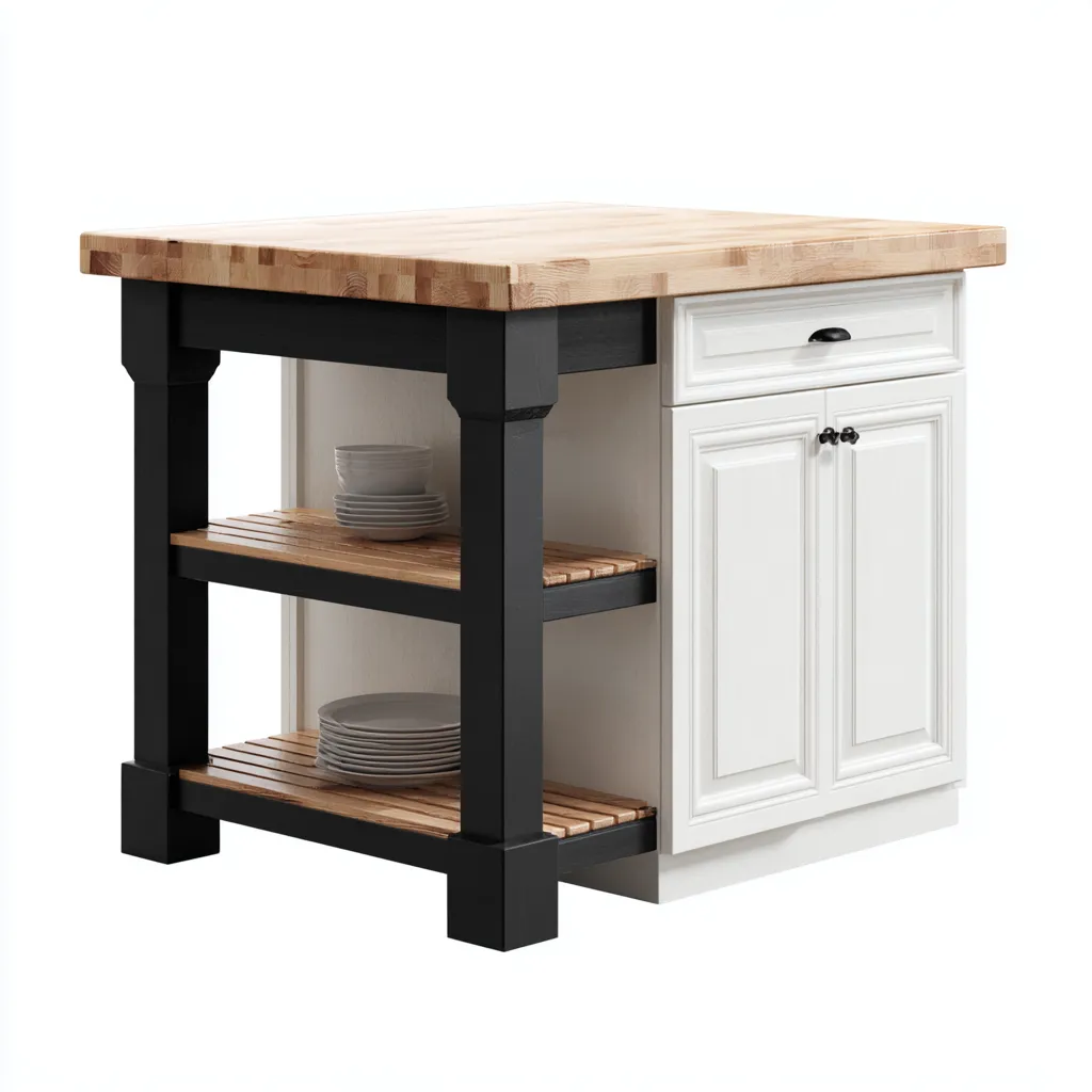 Isola da cucina in legno 110x65x90 cm - bianco-nero-legno naturale - con cassetto, anta e ripiani aperti-Domainene