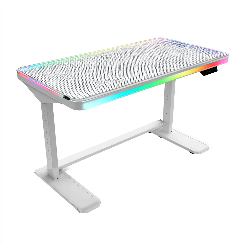 Scrivania - metallo-plastica 140x65x75 cm - bianco - per studio - con illuminazione LED-Domainene