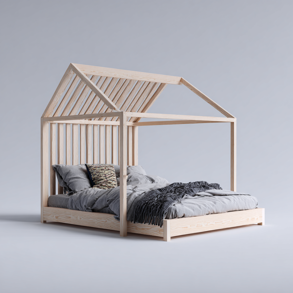 Letto per bambini in legno con struttura a casetta 210x150x190 cm - marrone chiaro - design creativo - adatto per cameretta-Domainene