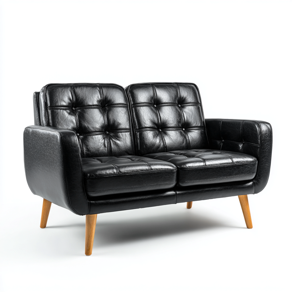 Divano lineare - pelle-legno 155x78x82 cm - nero-legno naturale - per soggiorno - design moderno-Domainene