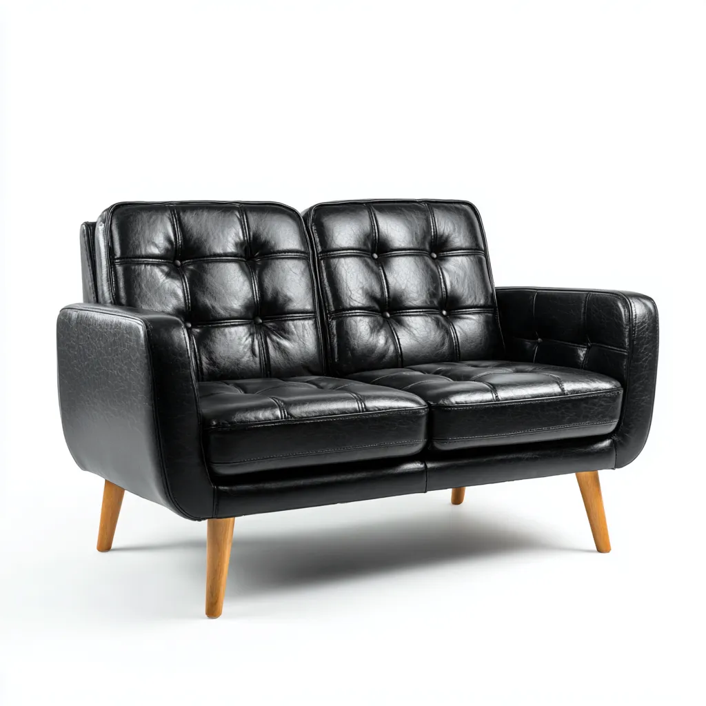 Divano lineare - pelle-legno 155x78x82 cm - nero-legno naturale - per soggiorno - design moderno-Domainene