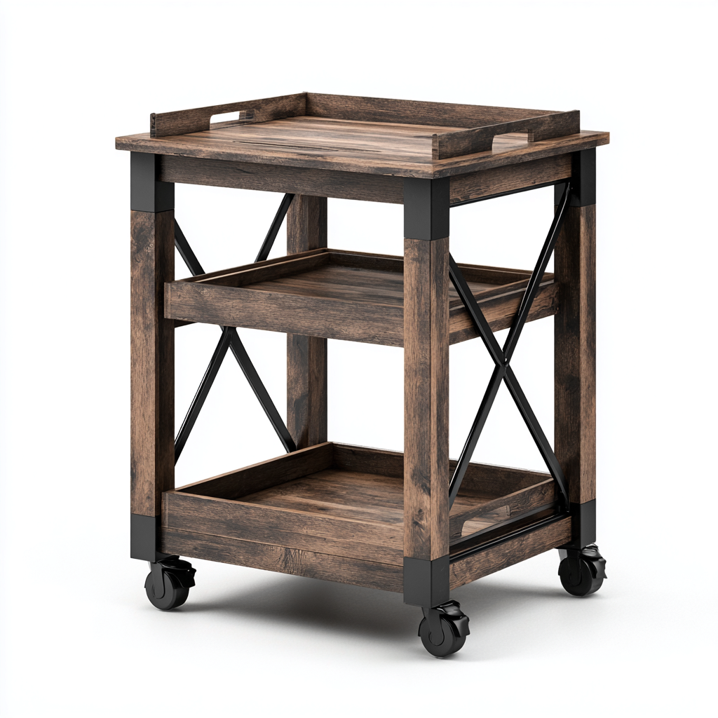 Carrello da cucina in legno e metallo 50x35x80 cm - marrone-nero - con 3 ripiani e ruote - stile industriale-Domainene