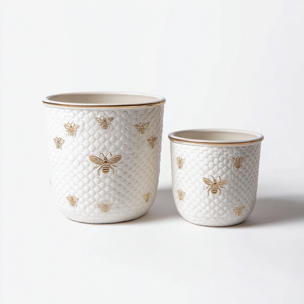 Set vasi e supporti per piante in ceramica 2 pezzi 20x20x22 cm - bianco-oro - design decorativo-Domainene