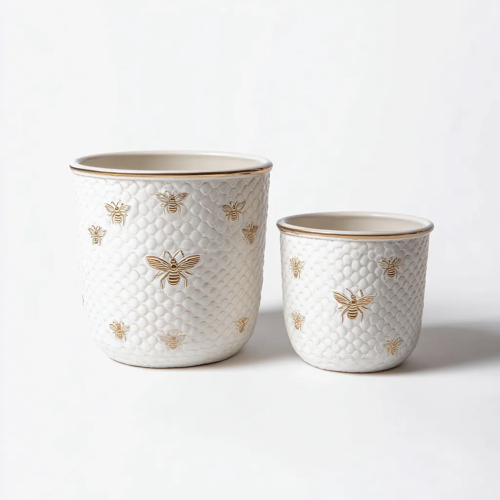 Set vasi e supporti per piante in ceramica 2 pezzi 20x20x22 cm - bianco-oro - design decorativo-Domainene