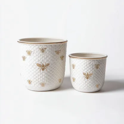 Set vasi e supporti per piante in ceramica 2 pezzi 20x20x22 cm - bianco-oro - design decorativo-Domainene