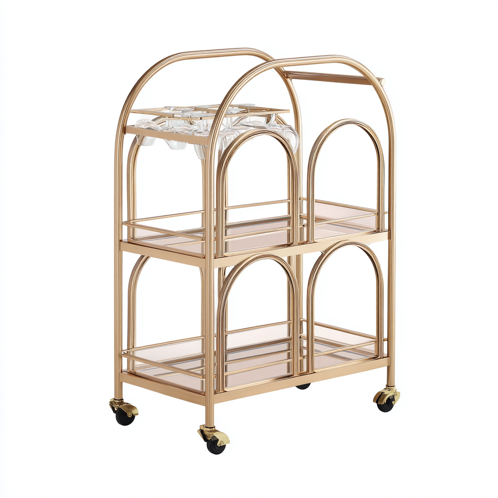 Carrello da cucina in metallo e vetro 60x35x95 cm - oro-trasparente - design a 3 livelli con ruote-Domainene