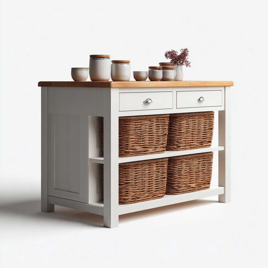 Isola da cucina in legno con cesti intrecciati 95x60x85 cm - bianco-naturale - design rustico per cucina-Domainene