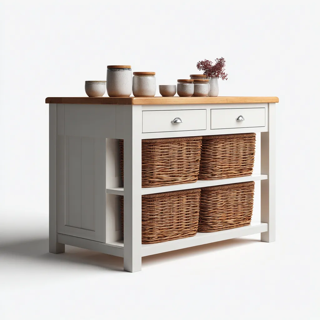 Isola da cucina in legno con cesti intrecciati 95x60x85 cm - bianco-naturale - design rustico per cucina-Domainene