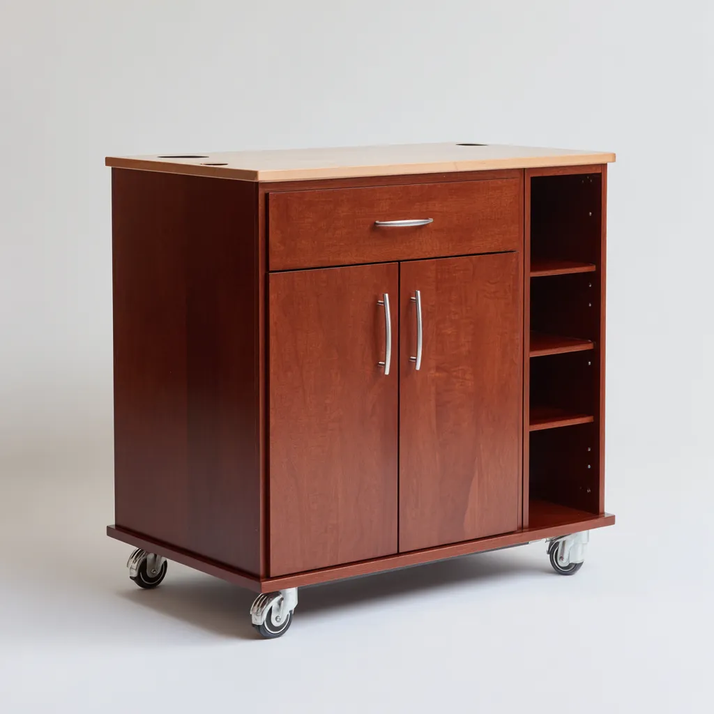 Isola da cucina in legno 95x50x90 cm - marrone-legno chiaro - con cassetto, ante e ripiani laterali - con ruote-Domainene