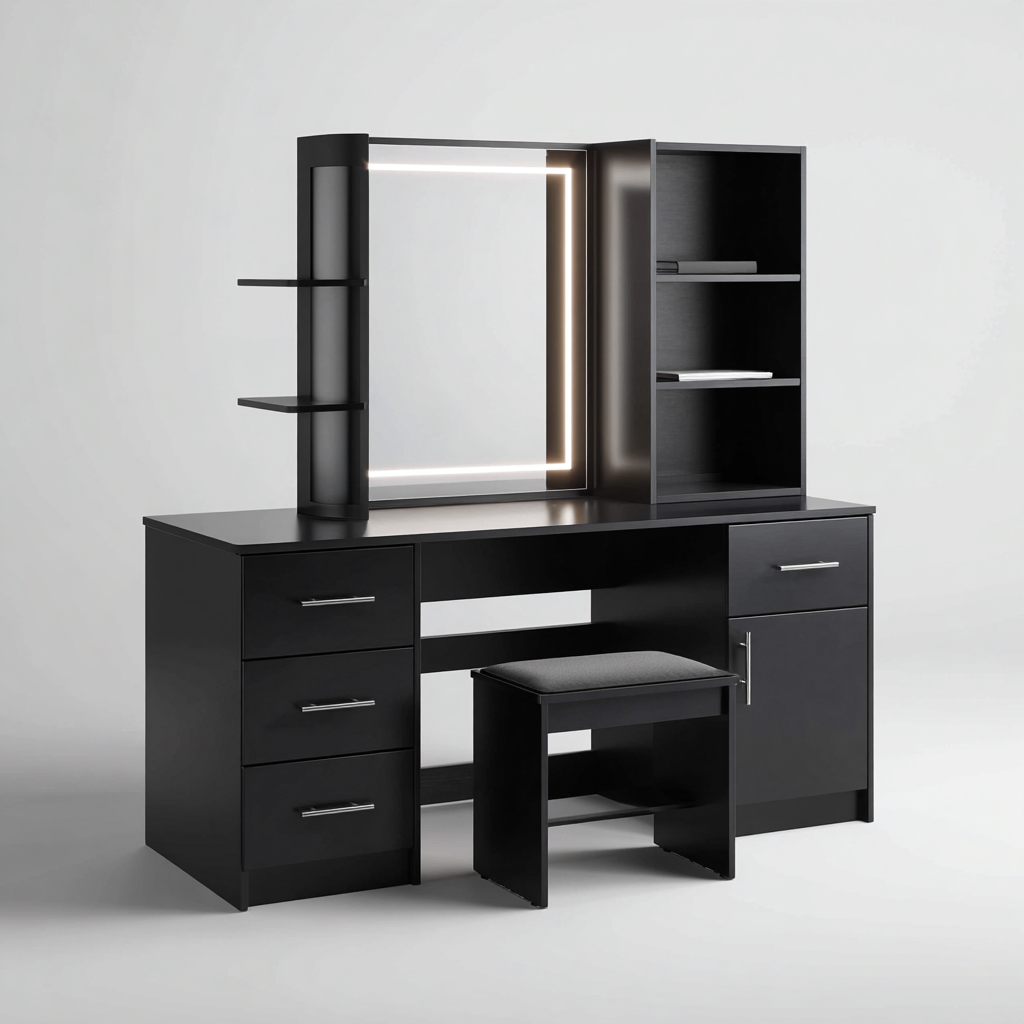 Toeletta in legno 120x45x150 cm - nero - con specchio illuminato per camera da letto-Domainene