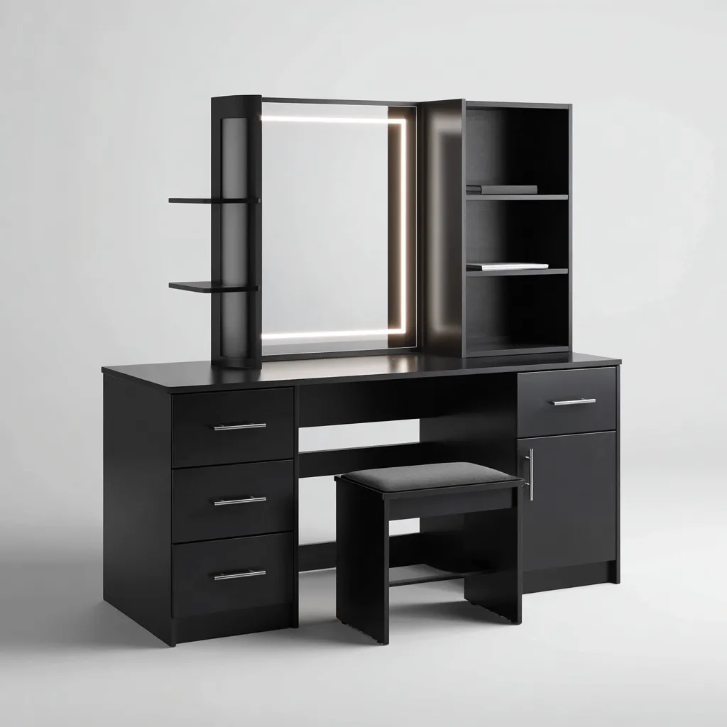 Toeletta in legno 120x45x150 cm - nero - con specchio illuminato per camera da letto-Domainene