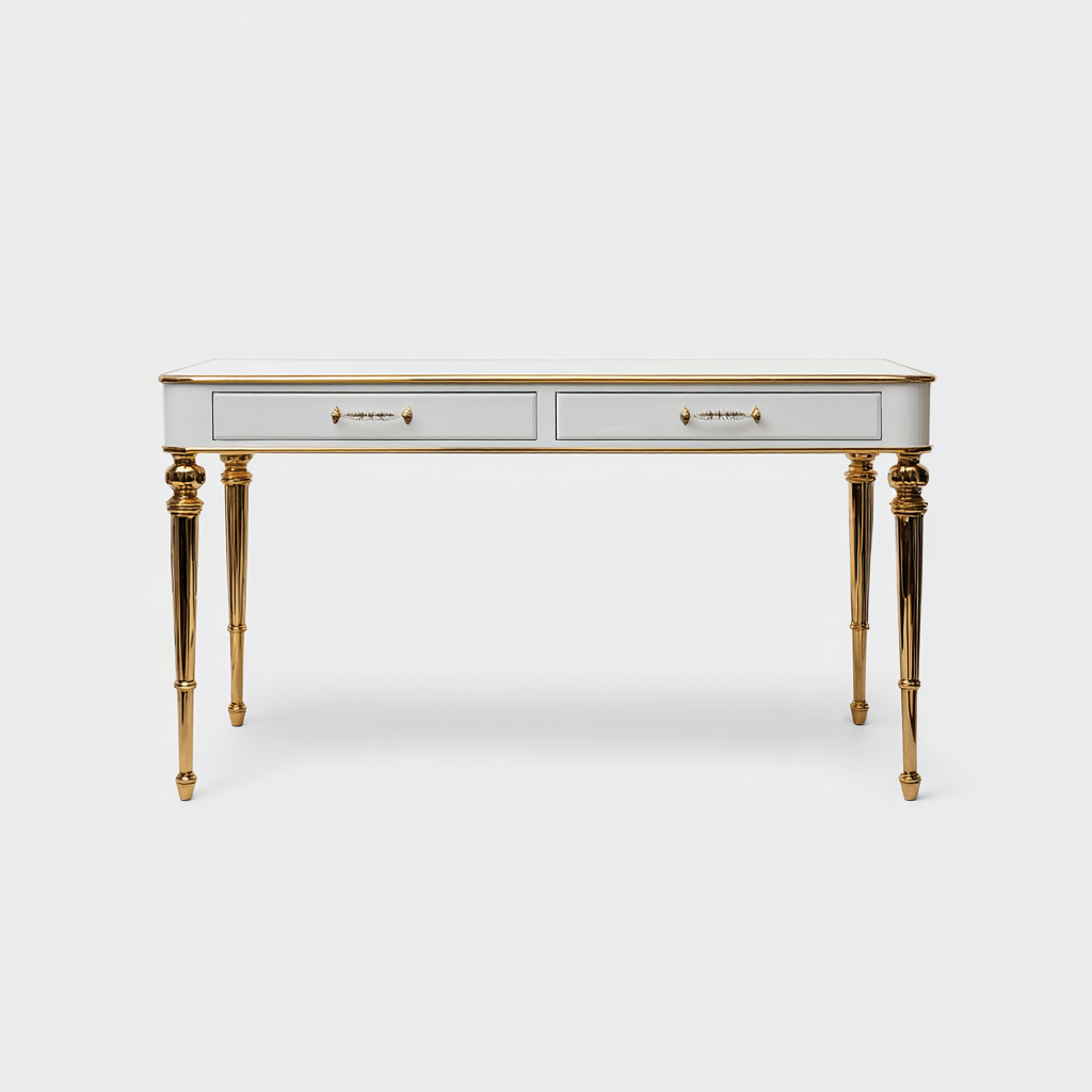 Scrivania - legno-metallo 140x55x78 cm - bianco-oro - per studio - design classico-Domainene