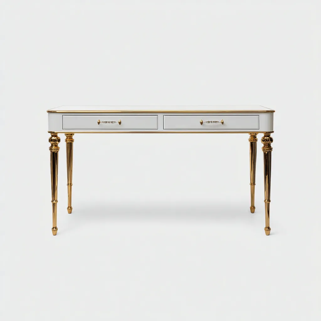 Scrivania - legno-metallo 140x55x78 cm - bianco-oro - per studio - design classico-Domainene