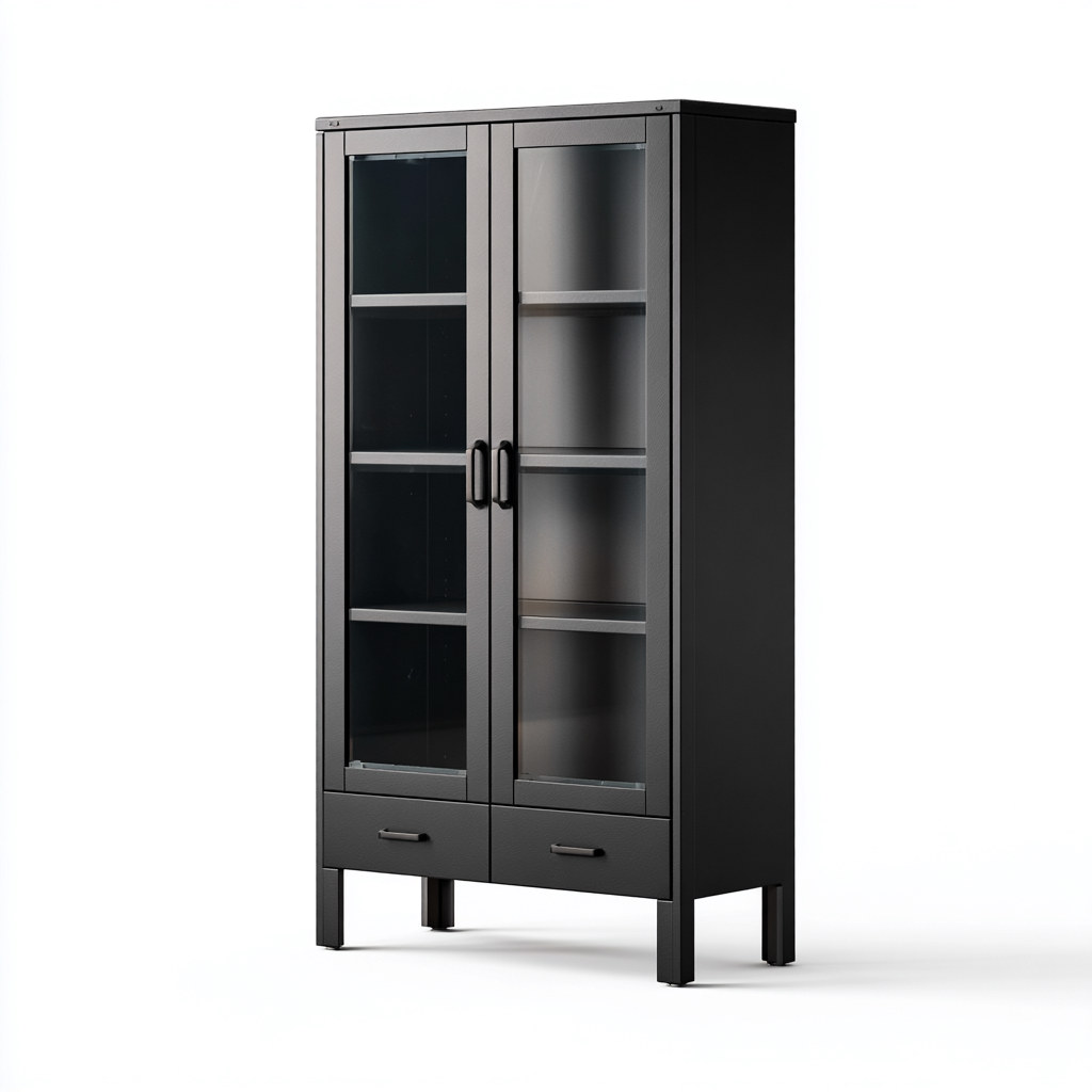 Vetrina in metallo 85x38x185 cm - nero - con ante in vetro e cassetti inferiori-Domainene