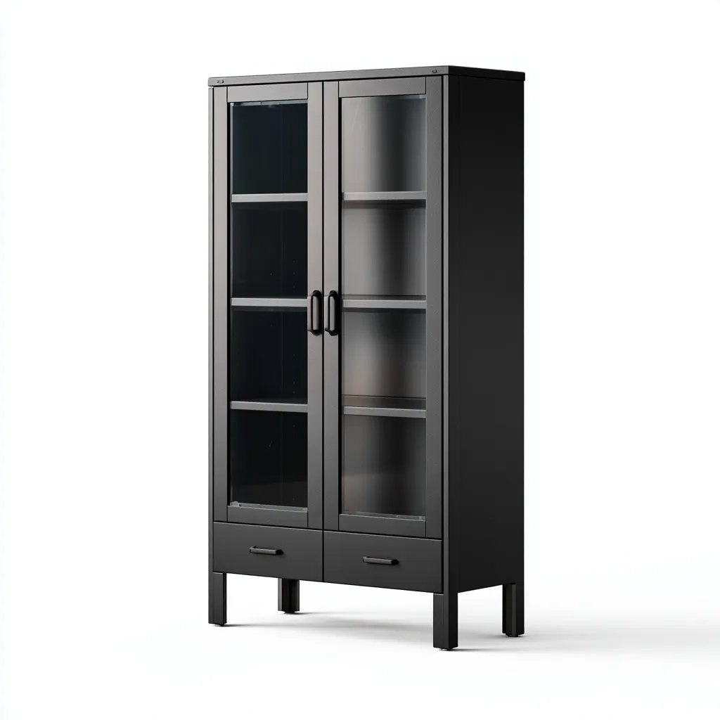 Vetrina in metallo 85x38x185 cm - nero - con ante in vetro e cassetti inferiori-Domainene