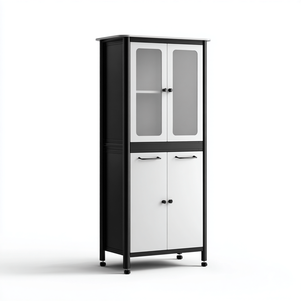 Armadietti da cucina in metallo 60x40x180 cm - bianco-nero - con 4 ante e scaffali interni - design moderno-Domainene