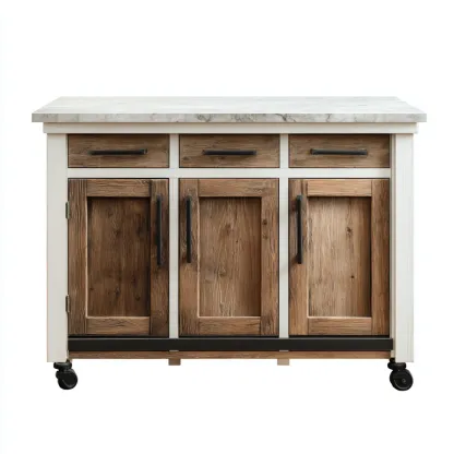 Isola da cucina in legno e piano effetto marmo 125x55x90 cm - bianco e legno naturale - design rustico-Domainene