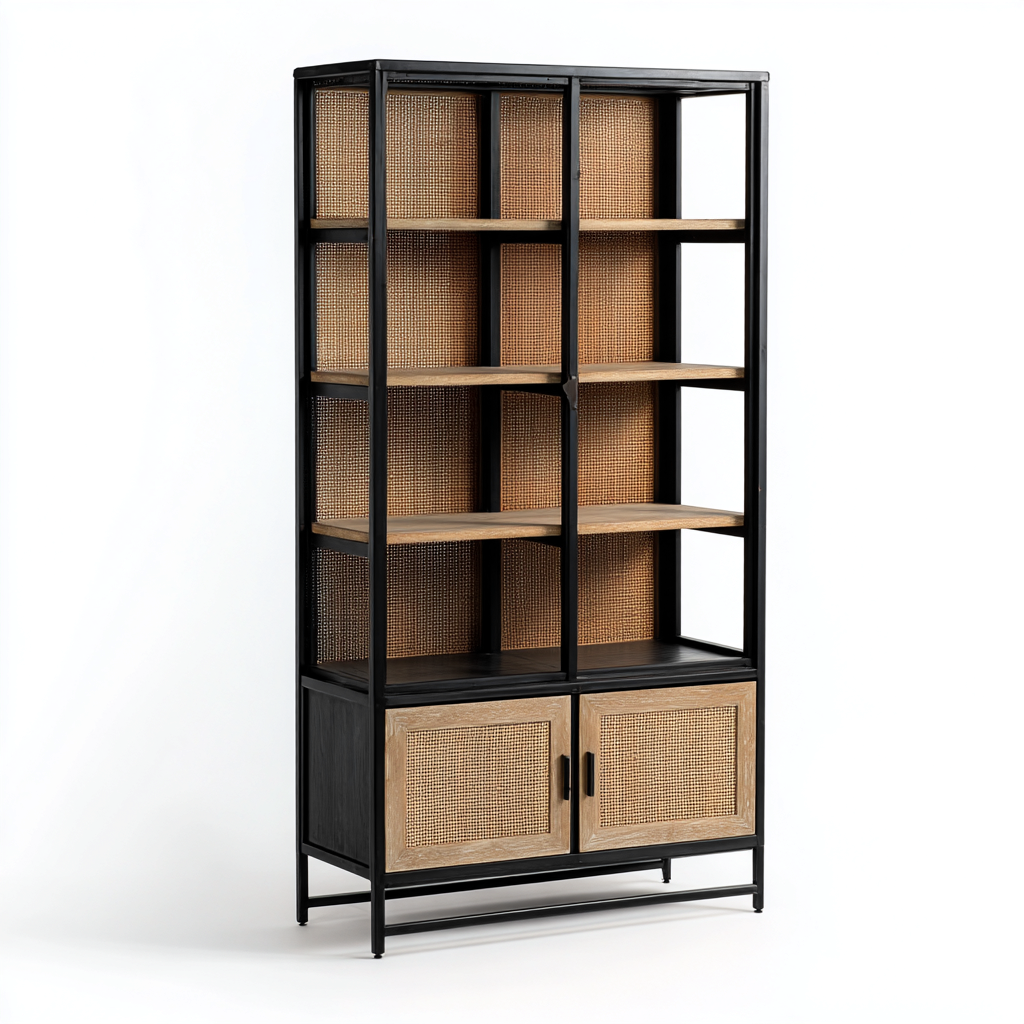 Librerie - metallo-legno 90x40x185 cm - nero-naturale - per soggiorno - design moderno-Domainene