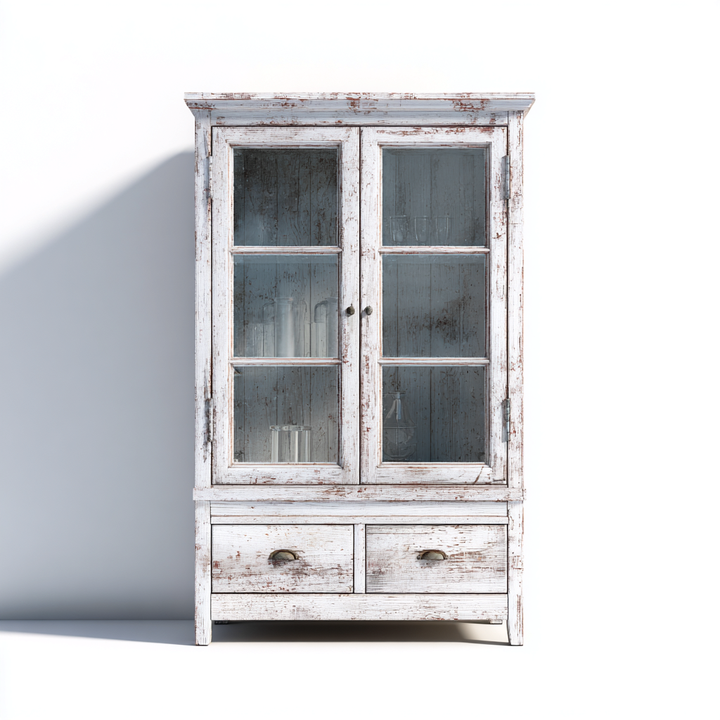 Vetrina in legno 90x40x180 cm - bianco invecchiato - con ante in vetro e cassetti inferiori-Domainene