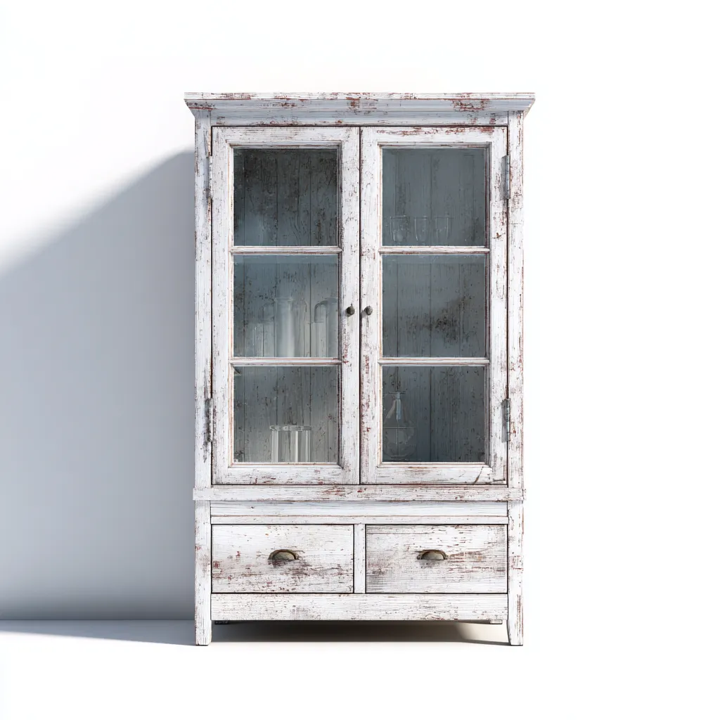 Vetrina in legno 90x40x180 cm - bianco invecchiato - con ante in vetro e cassetti inferiori-Domainene