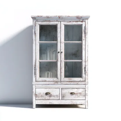 Vetrina in legno 90x40x180 cm - bianco invecchiato - con ante in vetro e cassetti inferiori-Domainene