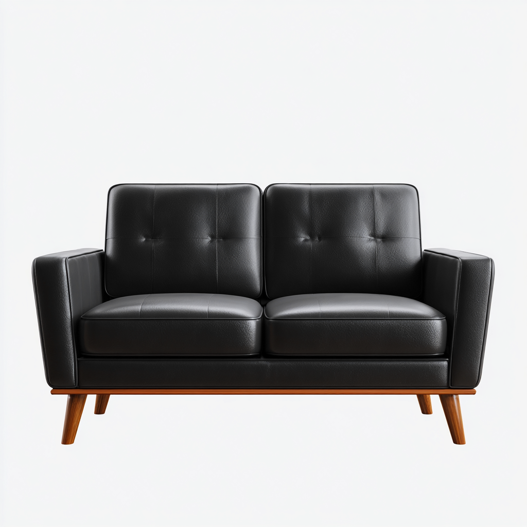 Divano lineare - pelle-legno 165x80x82 cm - nero-legno naturale - per soggiorno - design moderno-Domainene