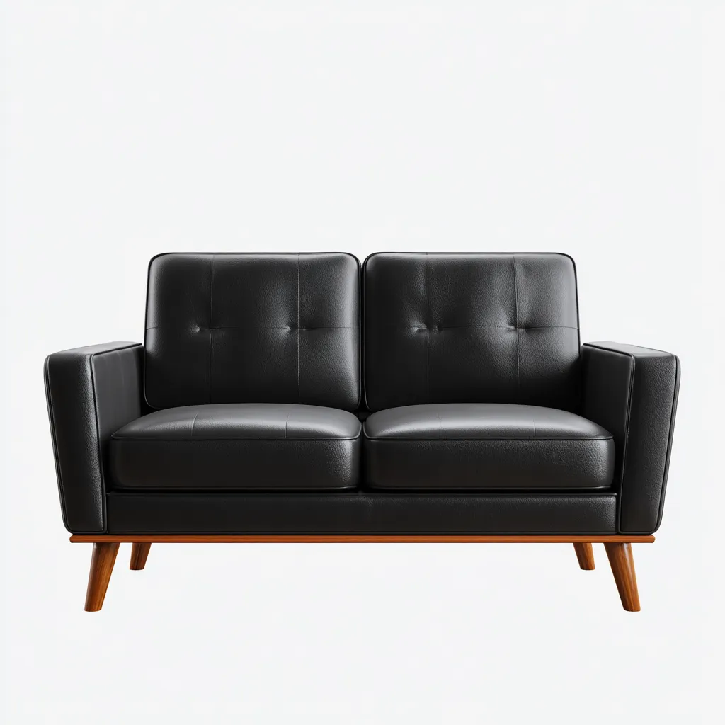 Divano lineare - pelle-legno 165x80x82 cm - nero-legno naturale - per soggiorno - design moderno-Domainene