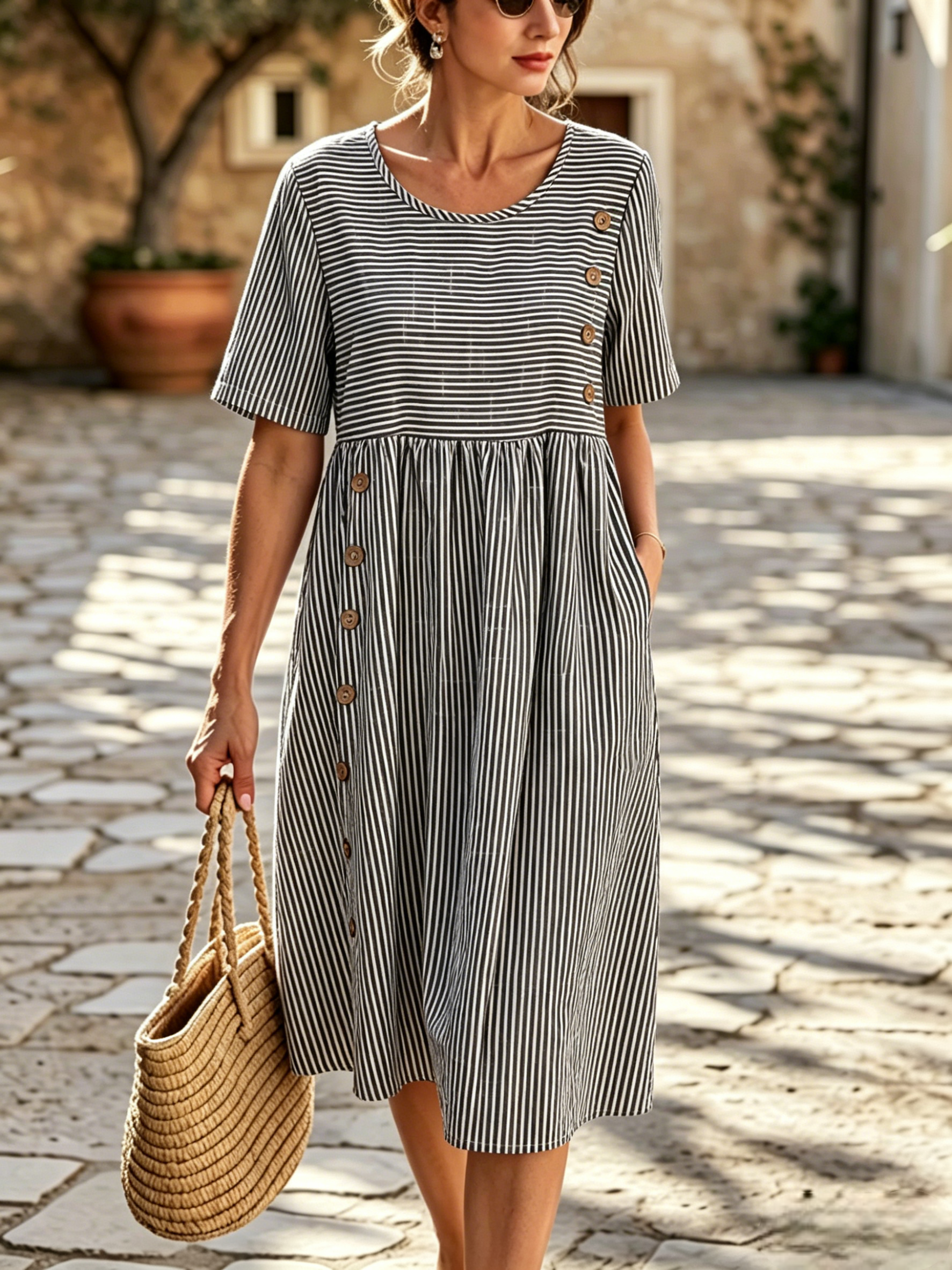 🔥𝐂𝐋𝐄𝐀𝐑𝐀𝐍𝐂𝐄 𝐃𝐈𝐒𝐂𝐎𝐔𝐍𝐓 🔥-Cotton Linen Striped Maxi Dress