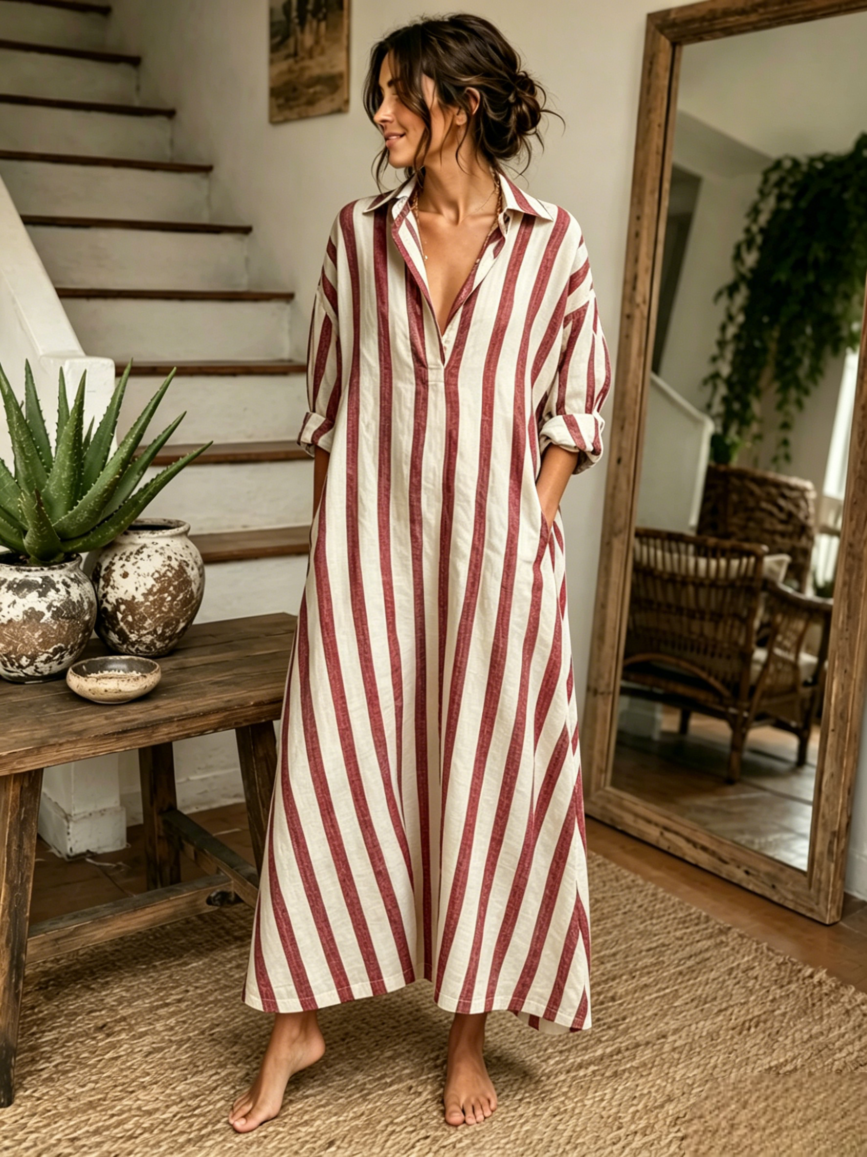 🔥2026 Clearance Discount 59% OFF🔥-100% Cotton-Linen Stripe Dress