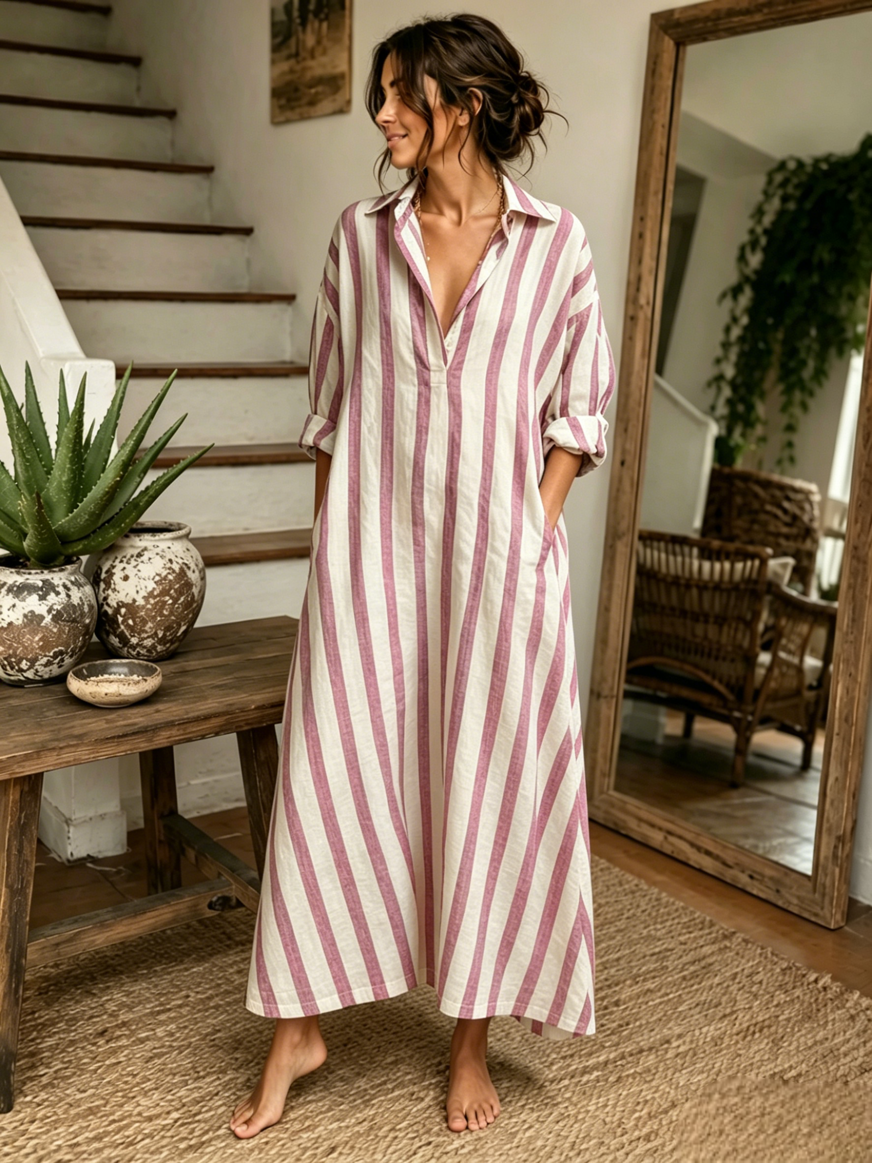 🔥2026 Clearance Discount 59% OFF🔥-100% Cotton-Linen Stripe Dress