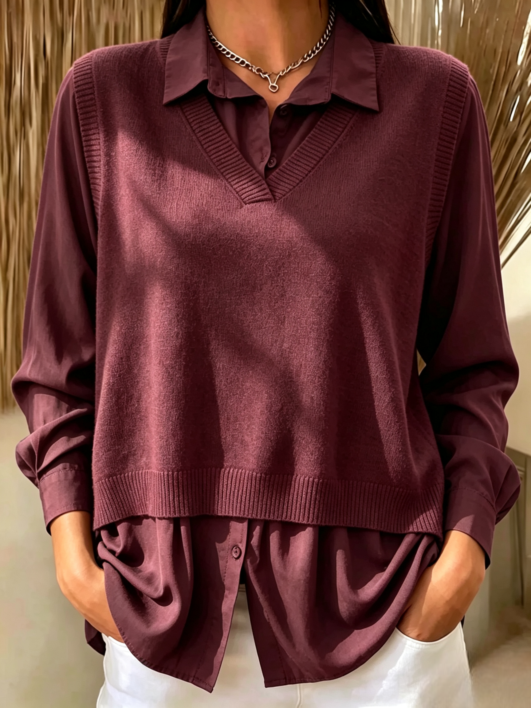 FALL NEW SALE | UP TO 55% OFF🔥 Mock Two-Piece V Neck Cashmere Knit Top