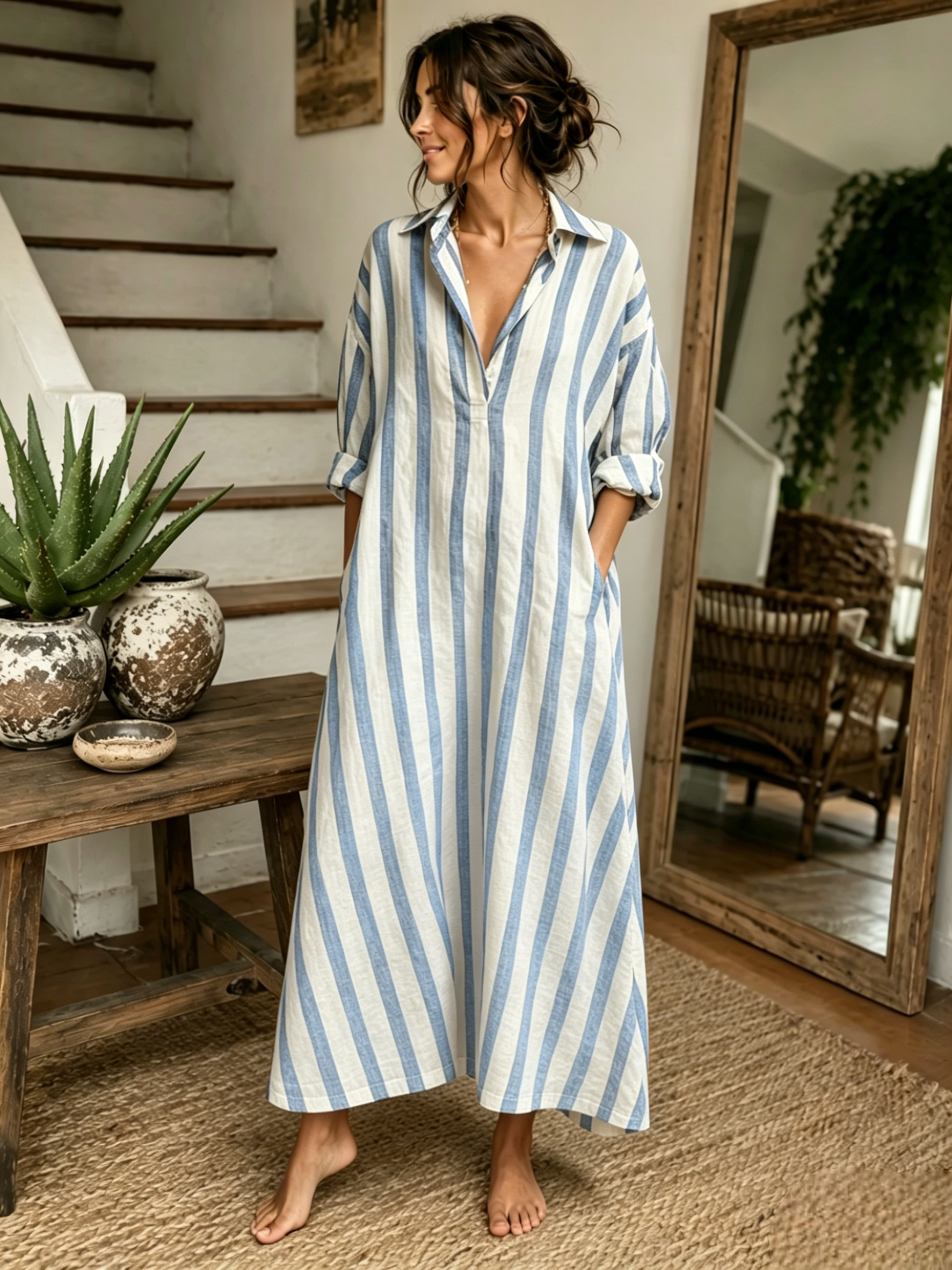 🔥2026 Clearance Discount 59% OFF🔥-100% Cotton-Linen Stripe Dress