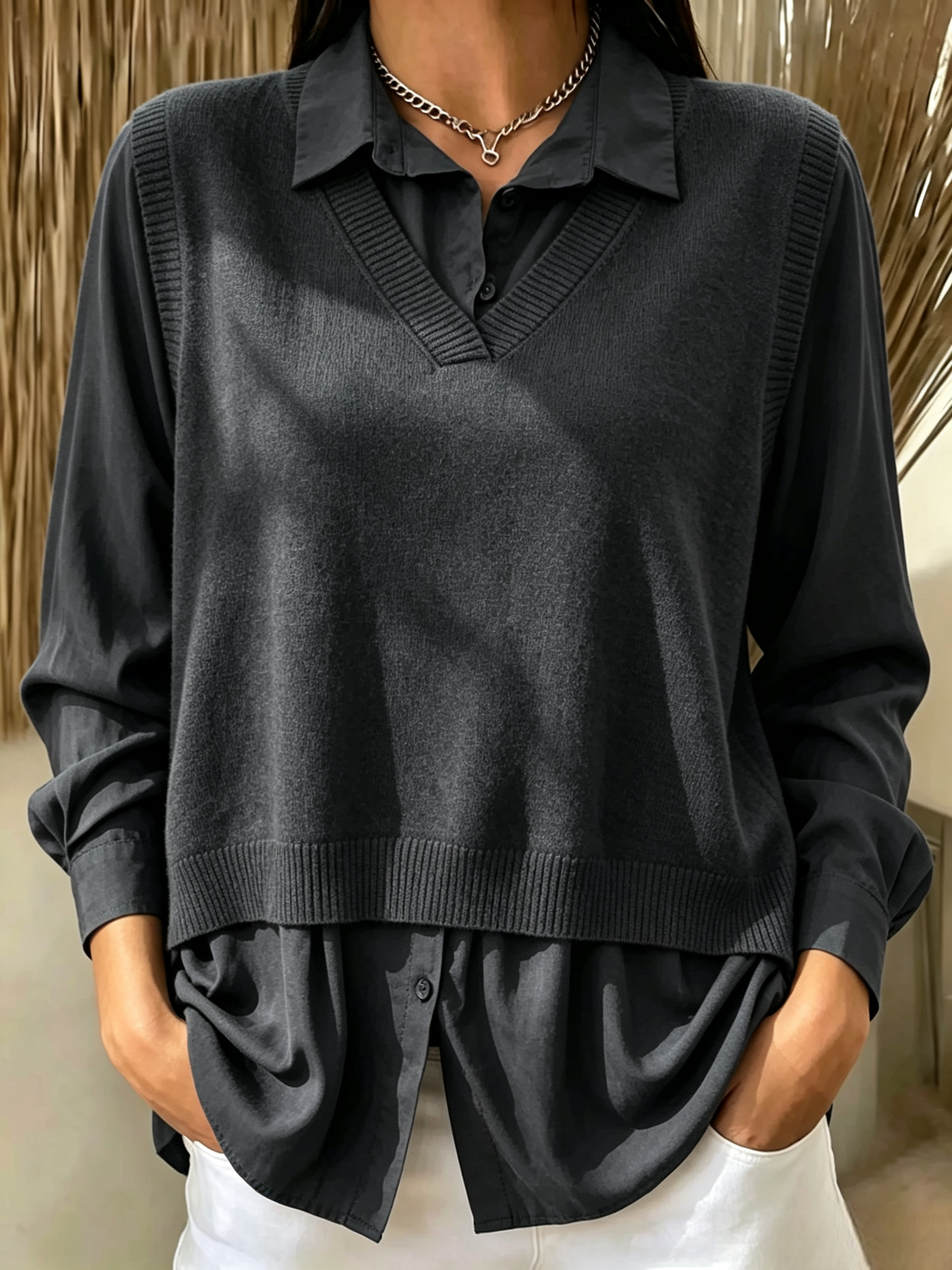 FALL NEW SALE | UP TO 55% OFF🔥 Mock Two-Piece V Neck Cashmere Knit Top