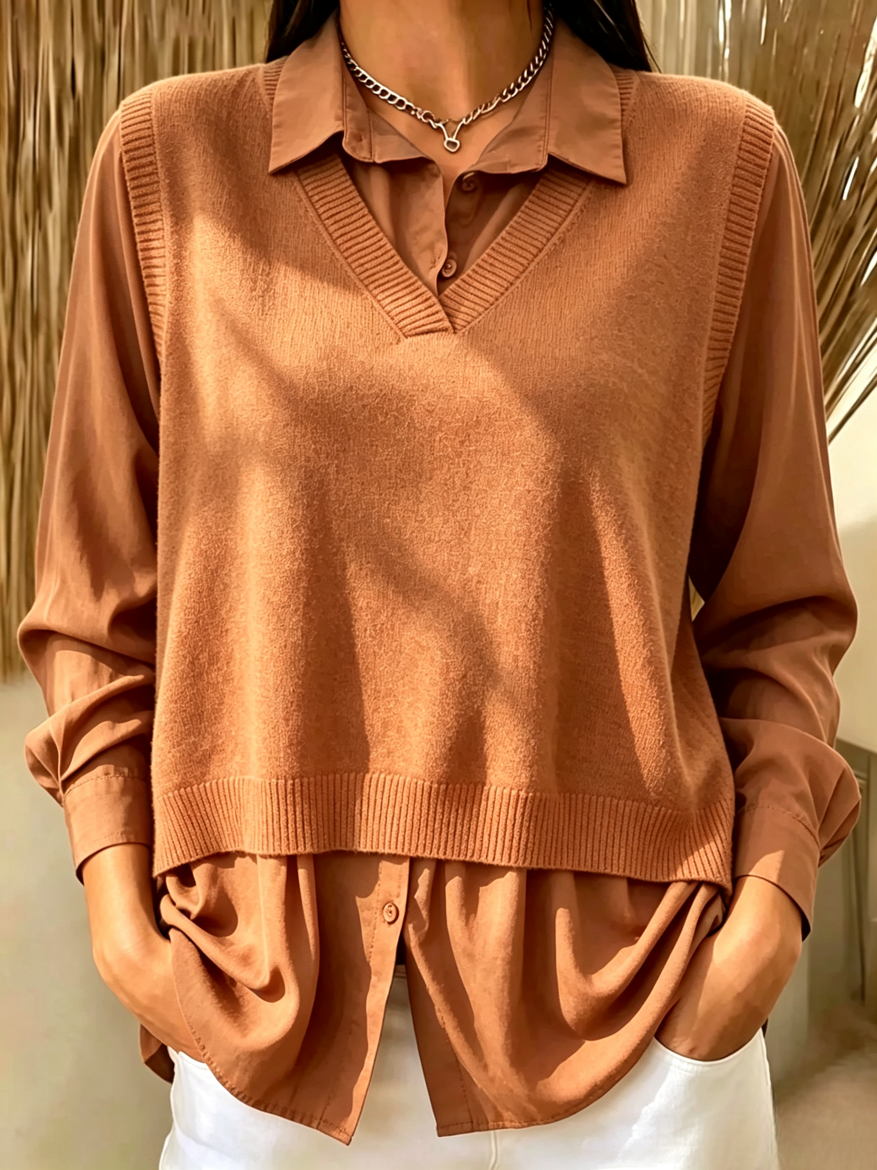 FALL NEW SALE | UP TO 55% OFF🔥 Mock Two-Piece V Neck Cashmere Knit Top