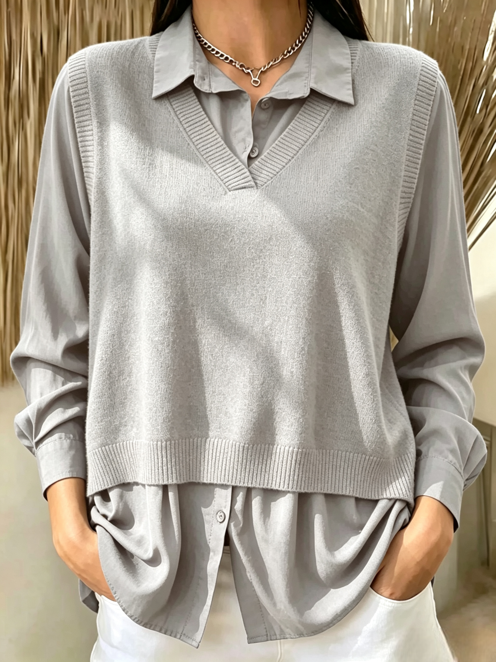 FALL NEW SALE | UP TO 55% OFF🔥 Mock Two-Piece V Neck Cashmere Knit Top