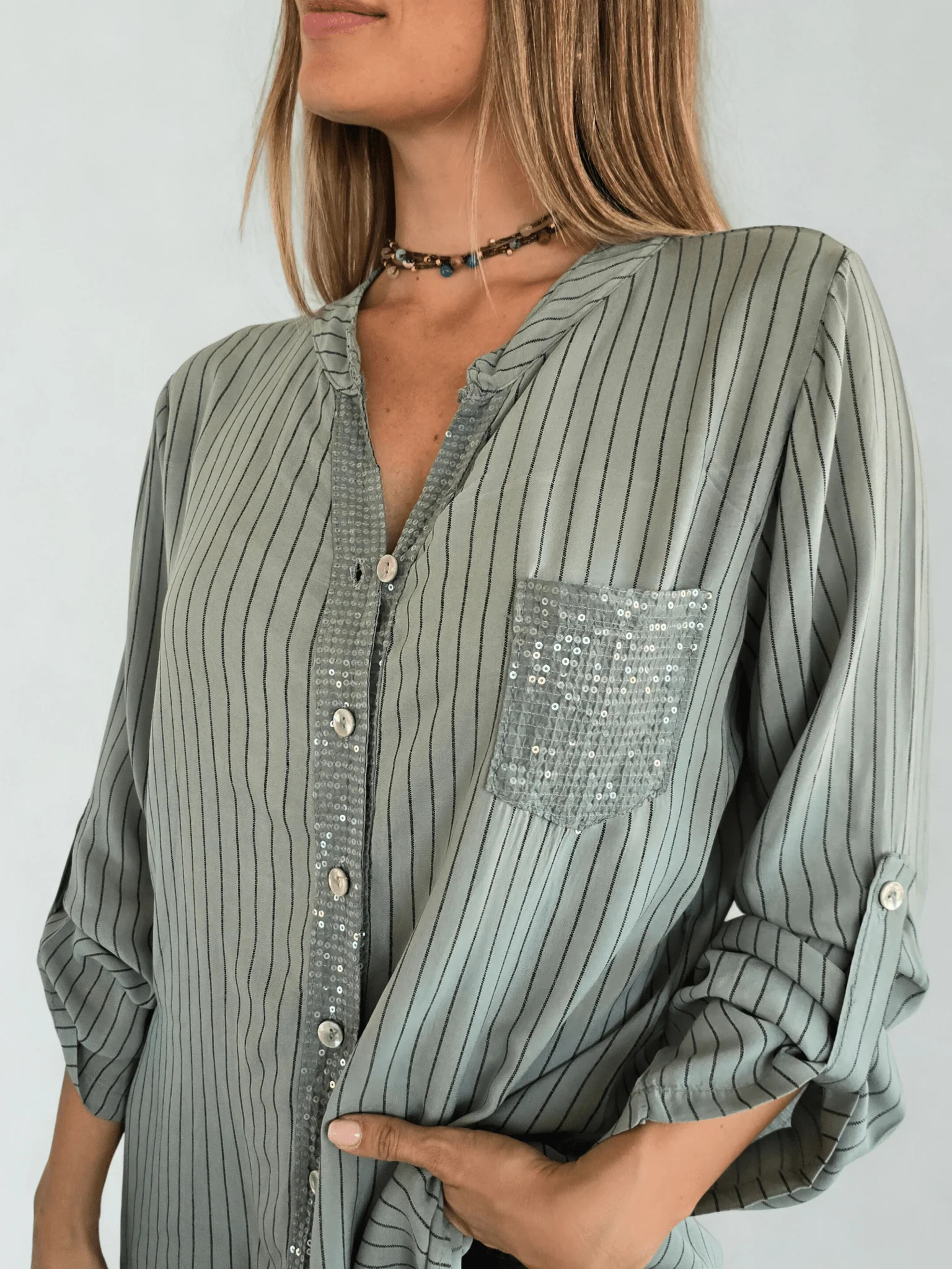Striped sequined casual loose shirt