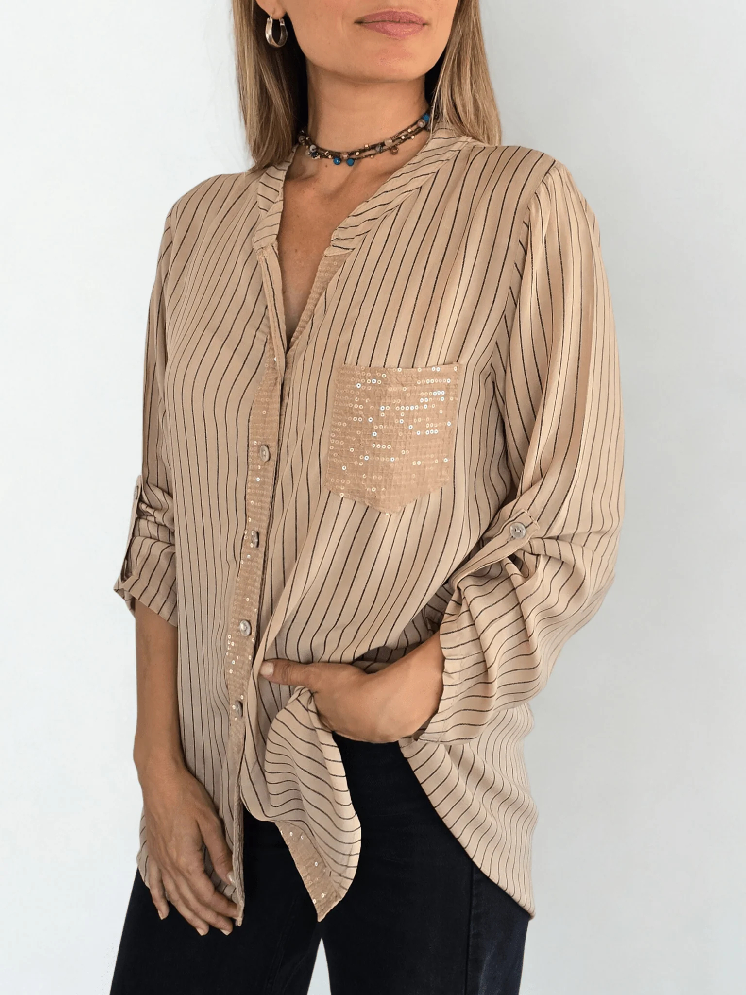 Striped sequined casual loose shirt