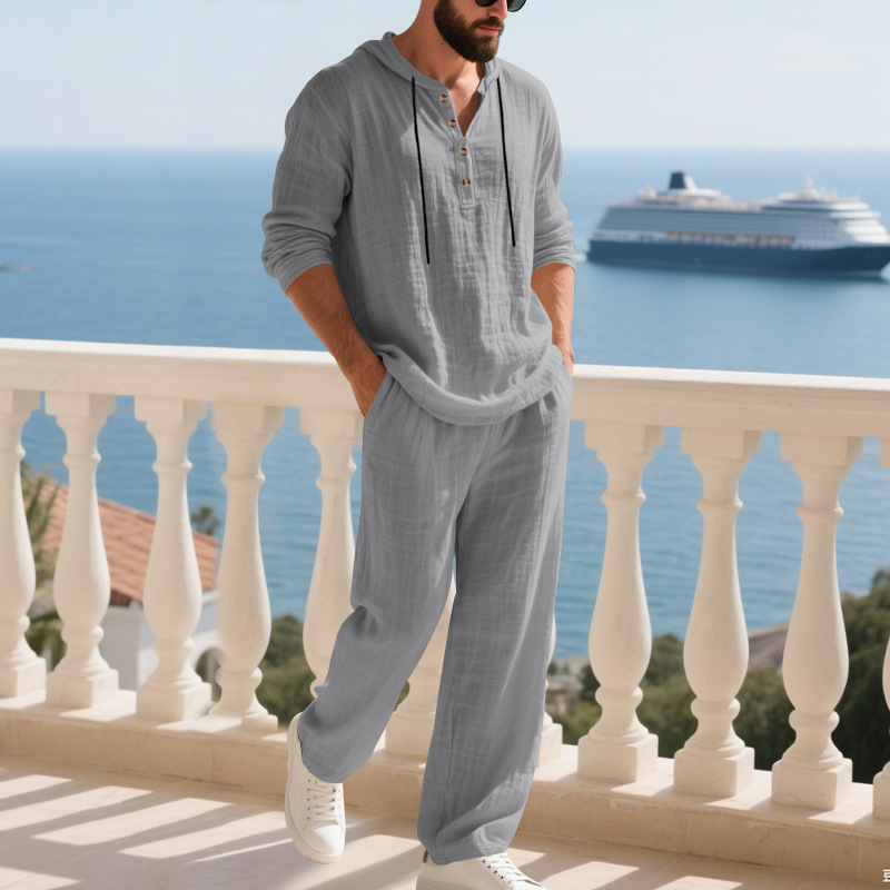 Men's Casual Hoodie Trousers Cotton Linen Set