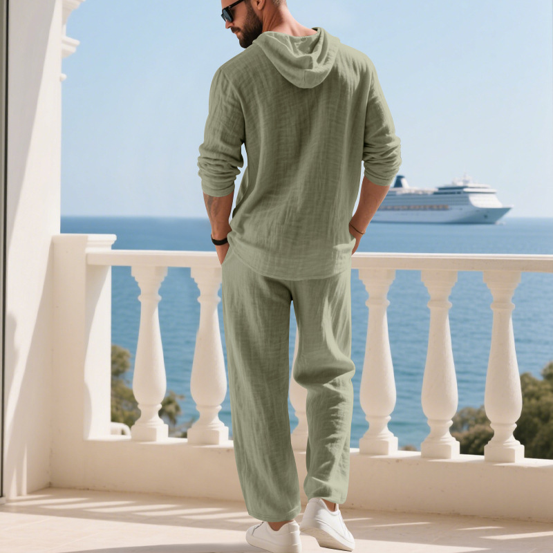Men's Casual Hoodie Trousers Cotton Linen Set