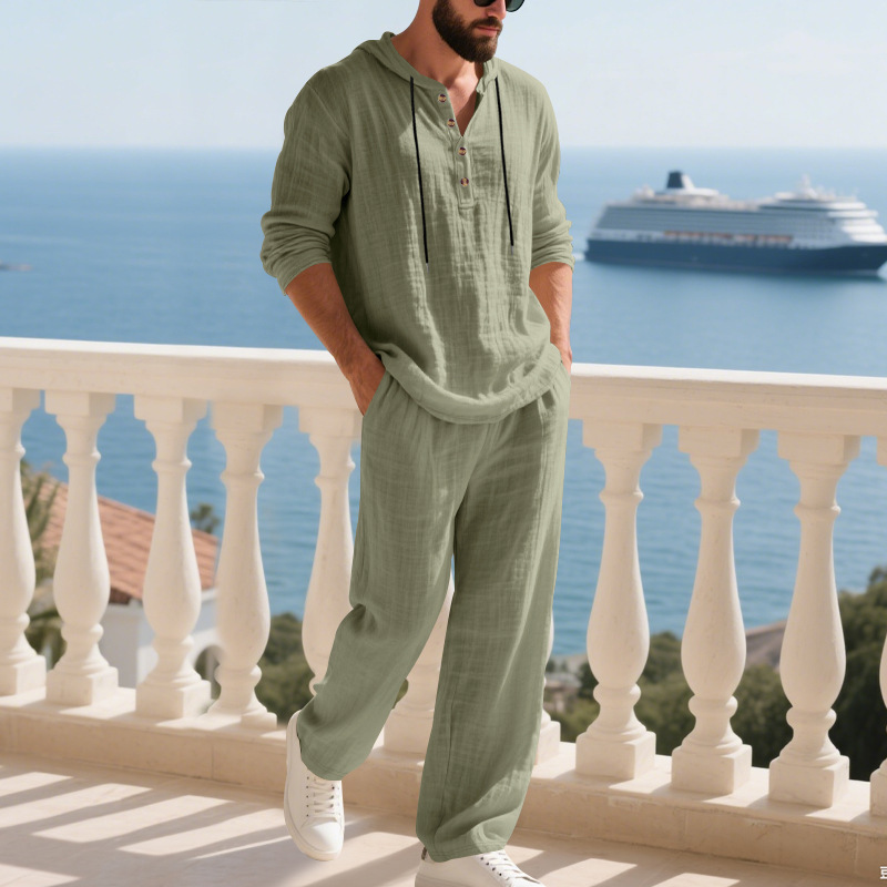 Men's Casual Hoodie Trousers Cotton Linen Set