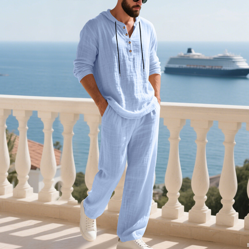 Men's Casual Hoodie Trousers Cotton Linen Set