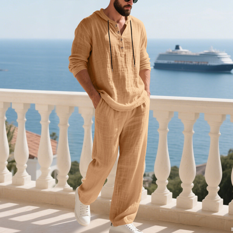 Men's Casual Hoodie Trousers Cotton Linen Set