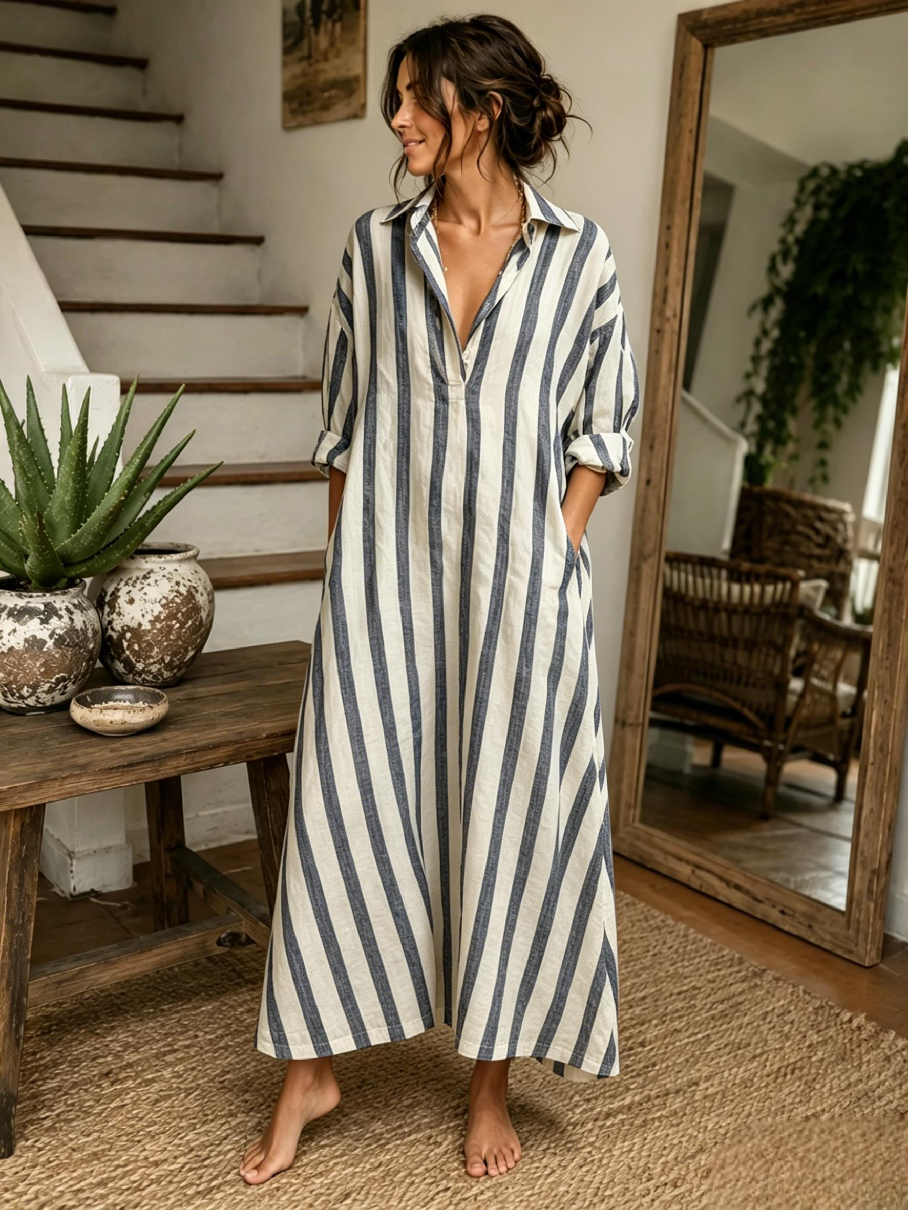 🔥2026 Clearance Discount 59% OFF🔥-100% Cotton-Linen Stripe Dress