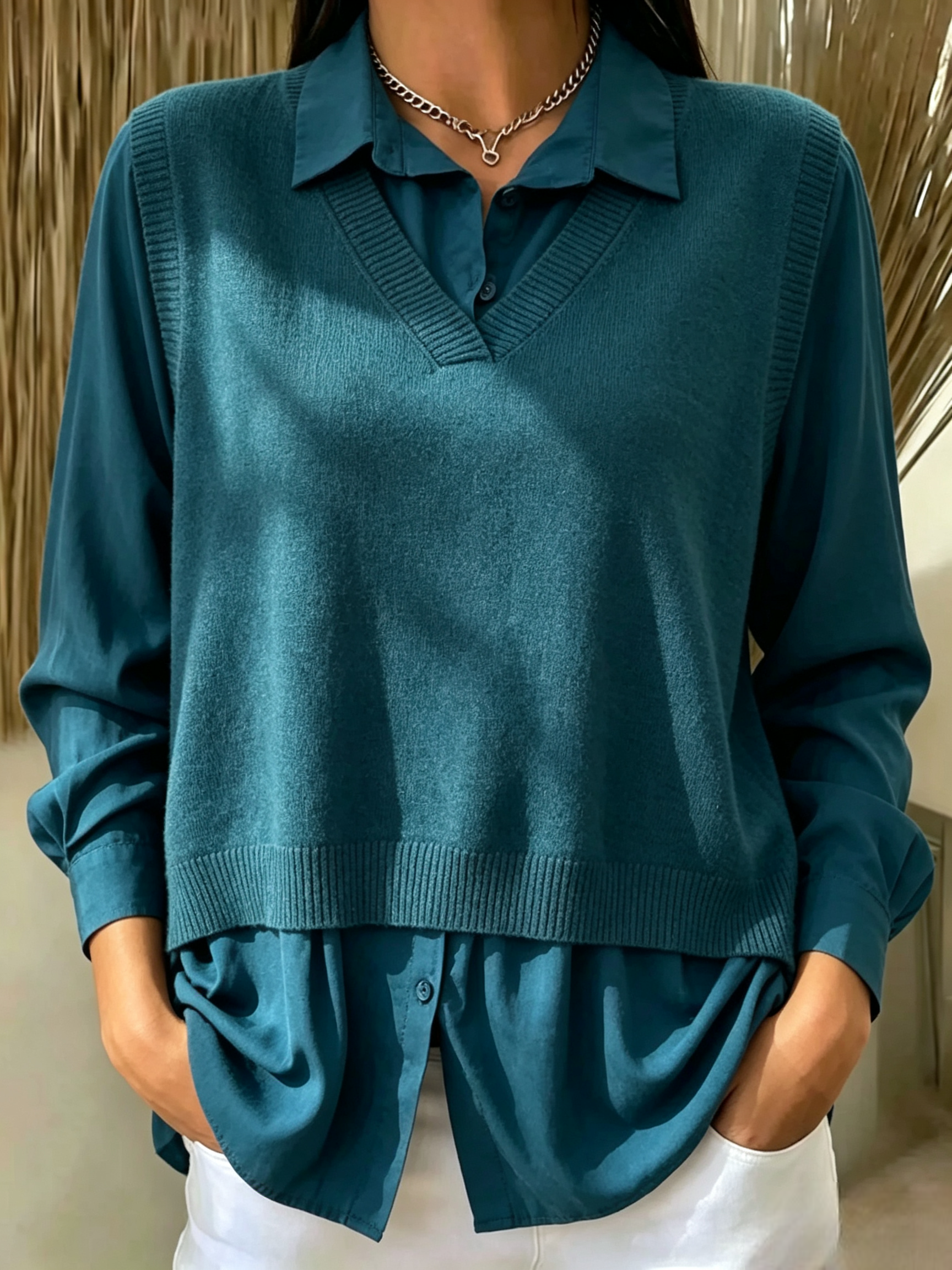 FALL NEW SALE | UP TO 55% OFF🔥 Mock Two-Piece V Neck Cashmere Knit Top