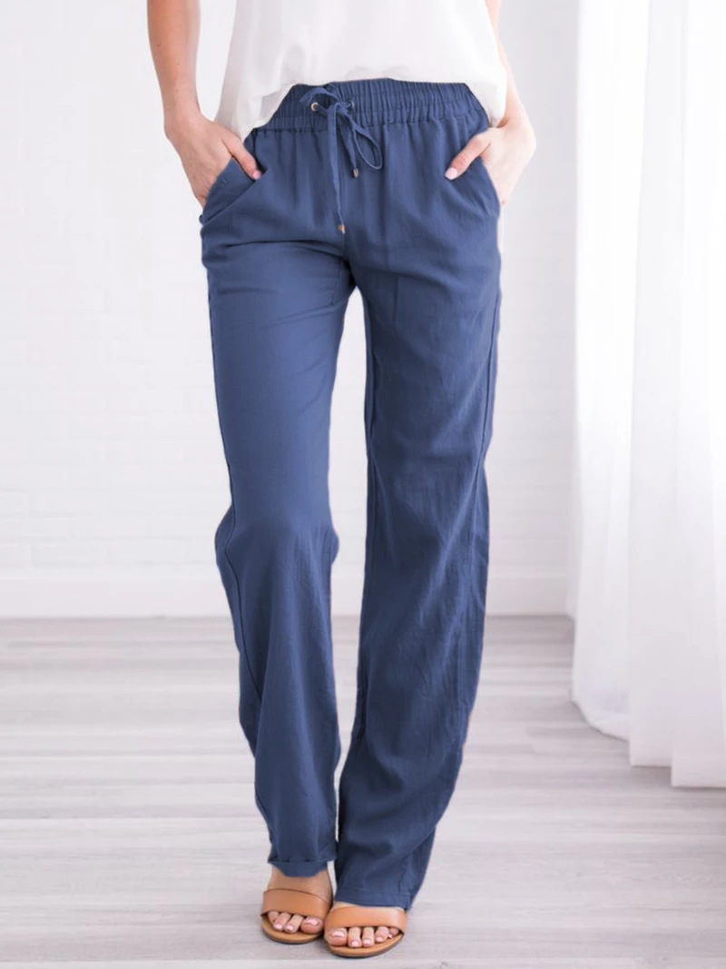 BDNXTV Casual Pants for Women, Women Drawstring Slim Fit Pant Pockets Lightweight Breathable Solid Color Summer Trousers