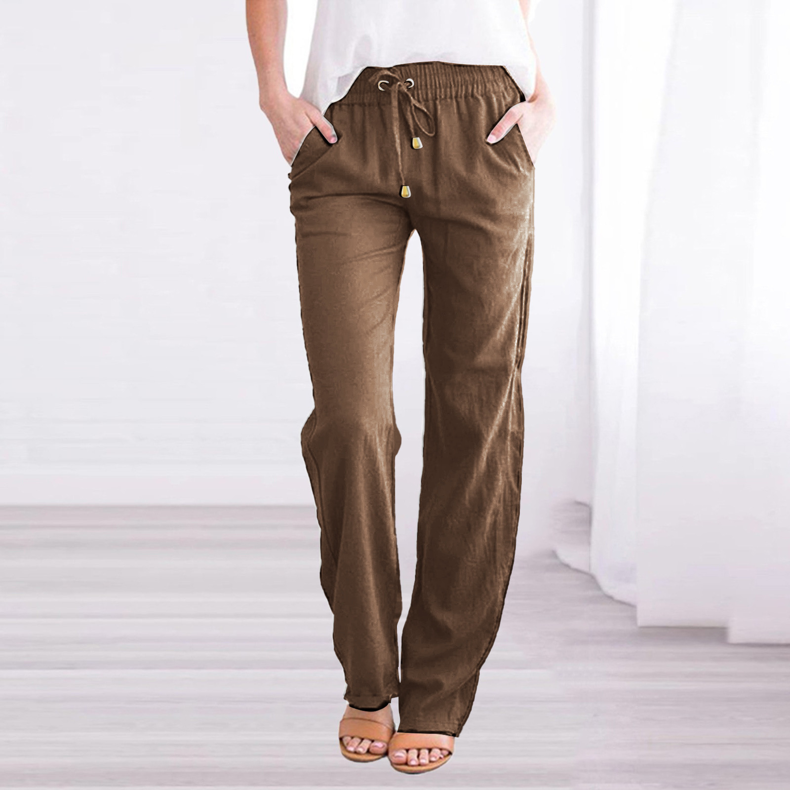 BDNXTV Casual Pants for Women, Women Drawstring Slim Fit Pant Pockets Lightweight Breathable Solid Color Summer Trousers