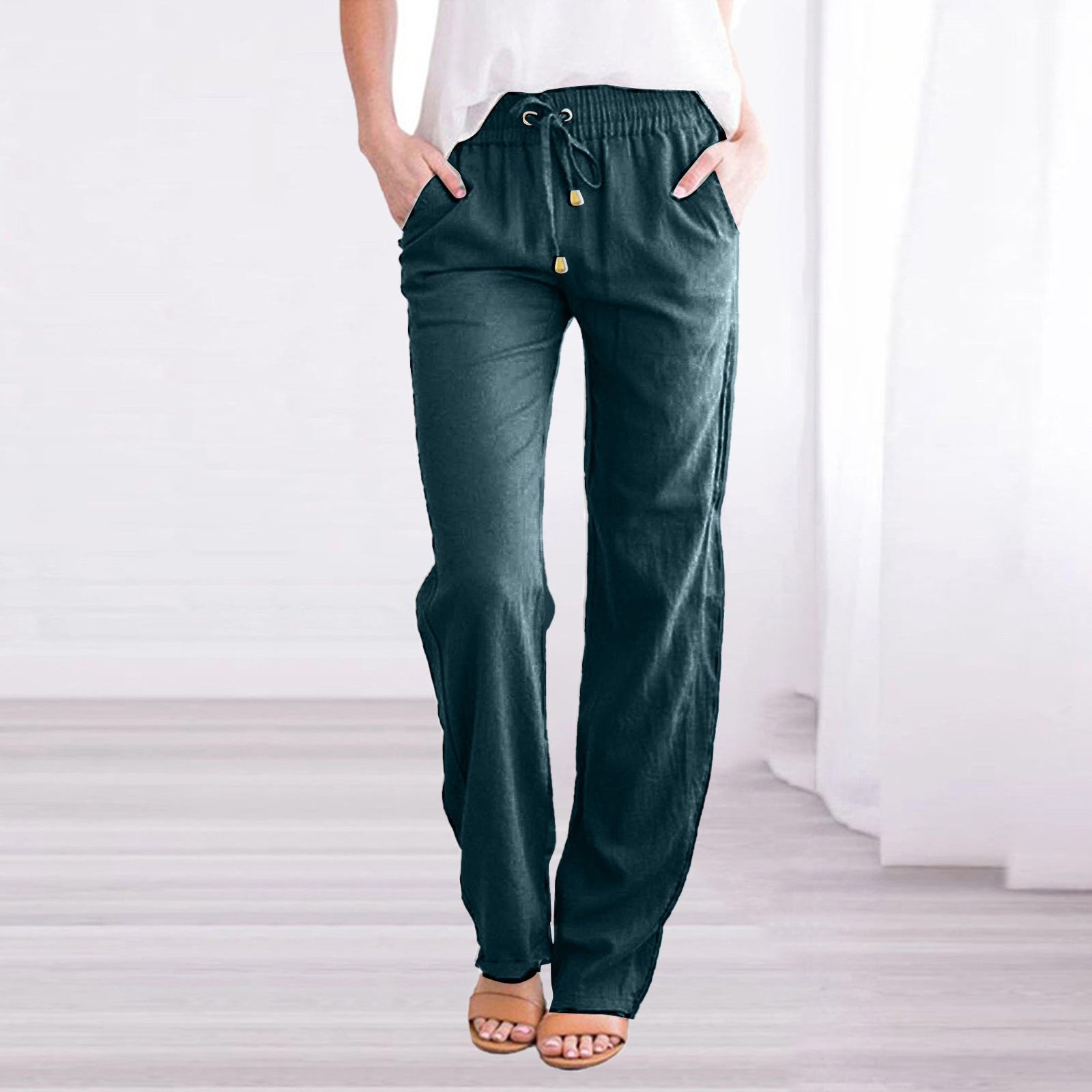 BDNXTV Casual Pants for Women, Women Drawstring Slim Fit Pant Pockets Lightweight Breathable Solid Color Summer Trousers